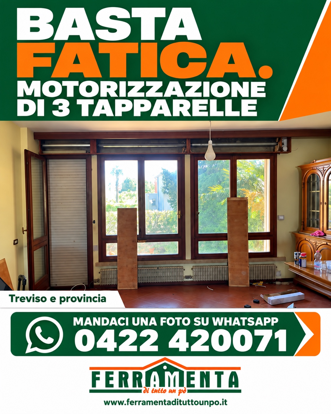 Intervento di motorizzazione di tre tapparelle con rimozione dei vecchi rulli in legno.